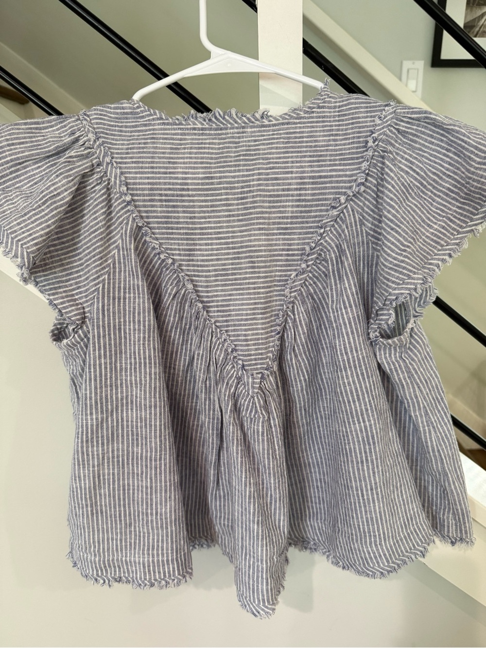 Anthropologie Blue-White Pinstripe Frayed V-Neck Flutter Top - Picture 6 of 6